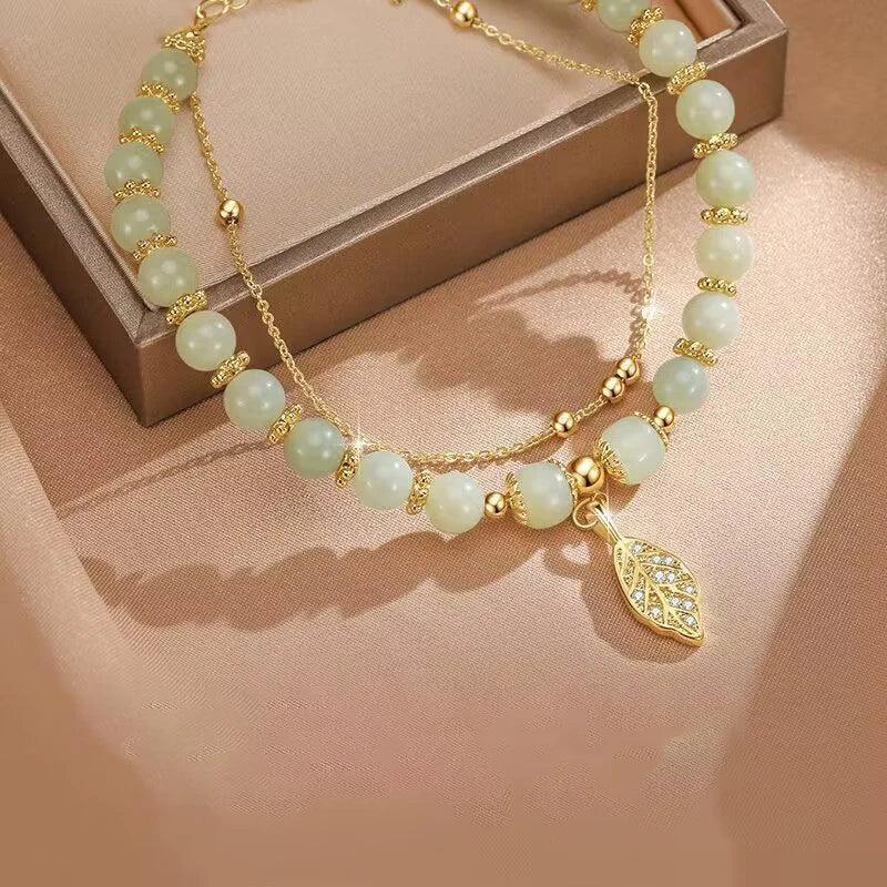 Green Jade Leaf Double Chain Bracelet - Lumière