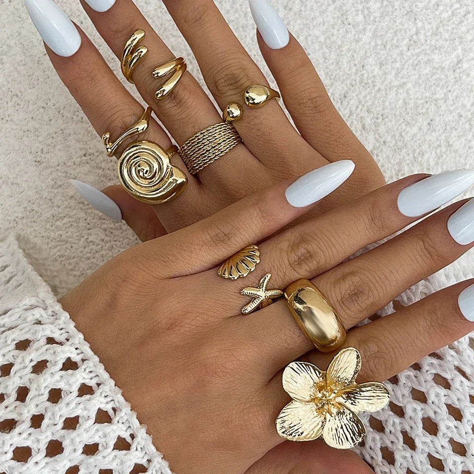 Vintage Petal Flower Open Ring Set – 8 Pieces - Lumière