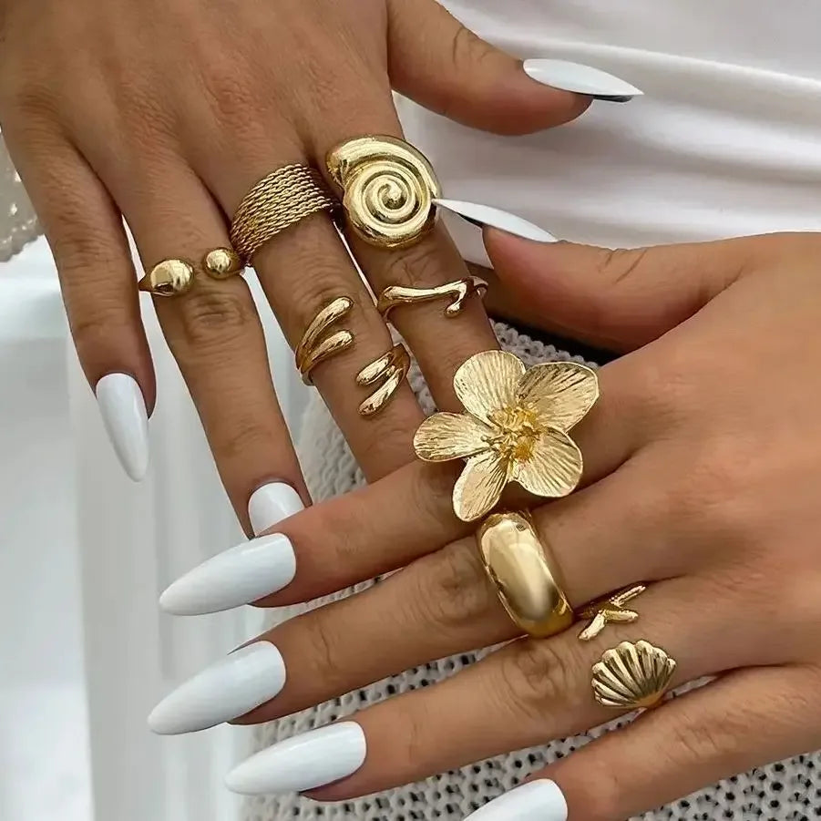 Vintage Petal Flower Open Ring Set – 8 Pieces - Lumière