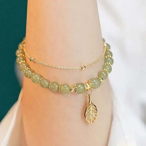 Green Jade Leaf Double Chain Bracelet - Lumière