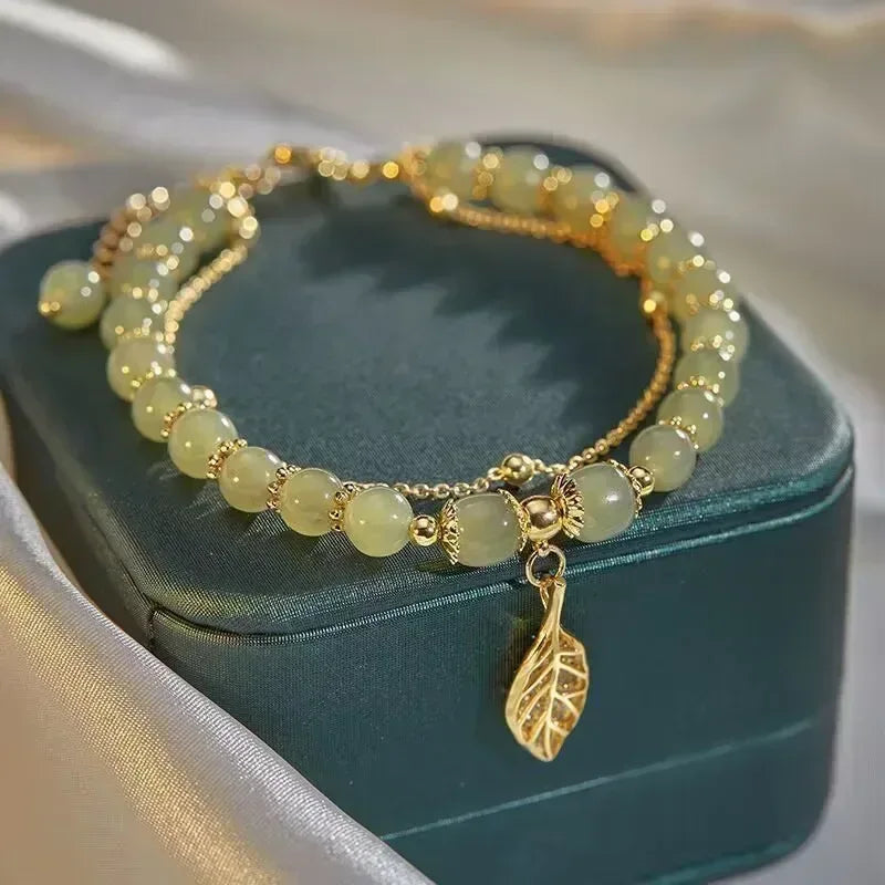 Green Jade Leaf Double Chain Bracelet - Lumière