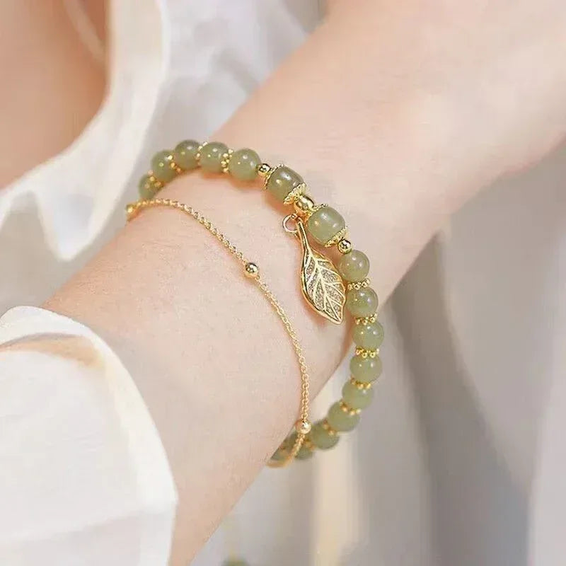 Green Jade Leaf Double Chain Bracelet - Lumière