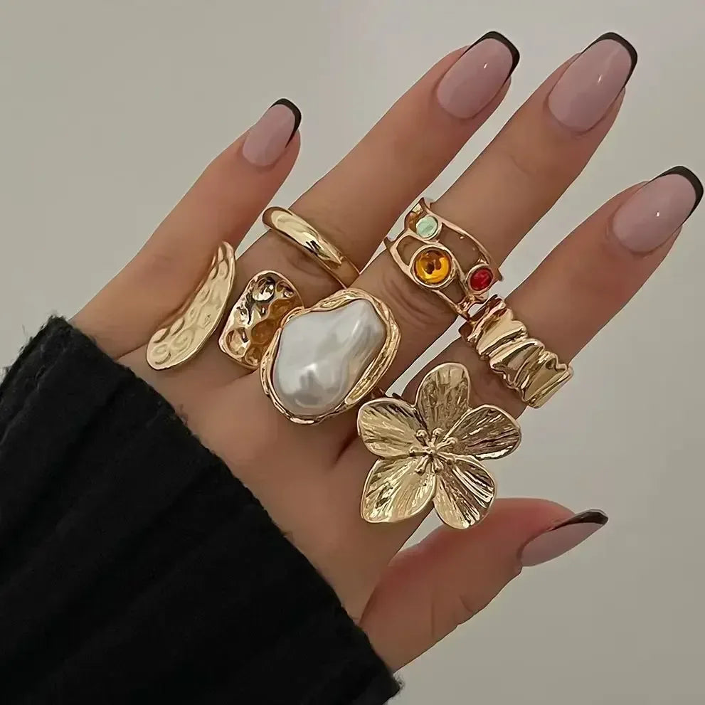 Irregular Metal Flower Pearl Open Ring - Lumière