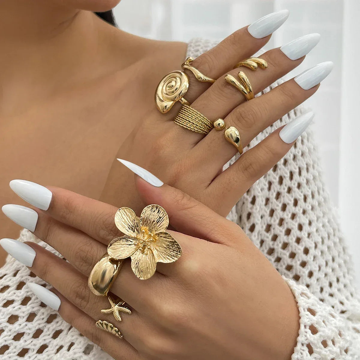 Vintage Petal Flower Open Ring Set – 8 Pieces - Lumière