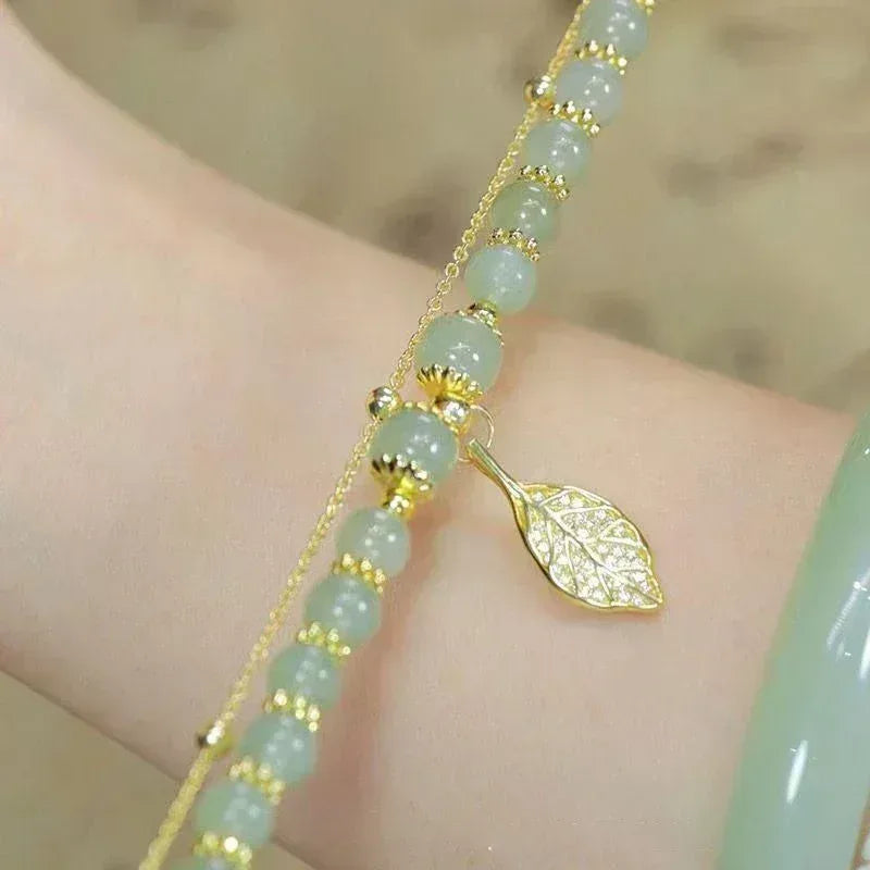 Green Jade Leaf Double Chain Bracelet - Lumière